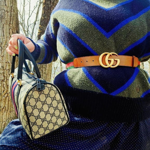 Gucci Brown and Green Belt with Gold Buckle - Picture 5 of 7